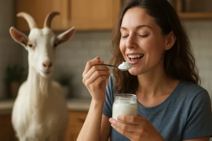 Žena vychutnáva kozie jogurt s kozou v pozadí