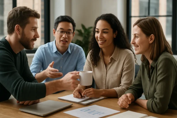 Skupina ľudí diskutuje pri káve v moderne zariadenej kancelárii.