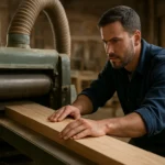 Muž pracuje s priečnym hobľovacím strojom v dielni.