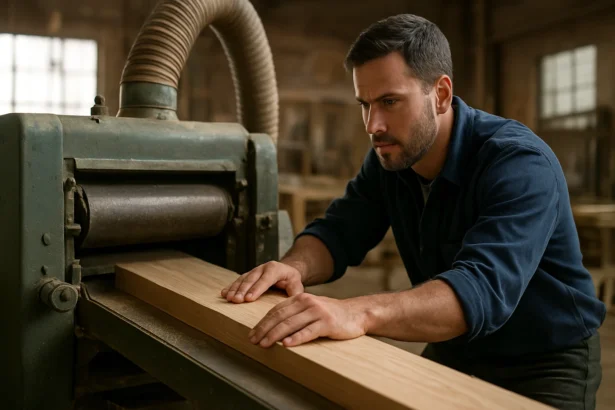 Muž pracuje s priečnym hobľovacím strojom v dielni.