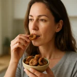 Žena konzumujúca sušené figy z misky v kuchyni