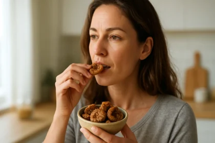 Žena konzumujúca sušené figy z misky v kuchyni
