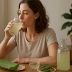 Žena pijúca aloe vera nápoj pre zdravie a pohodu.