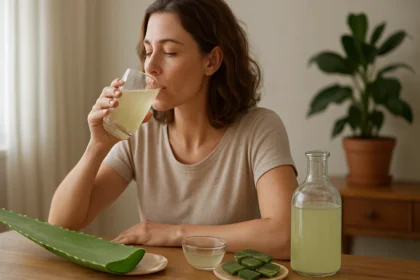 Žena pijúca aloe vera nápoj pre zdravie a pohodu.