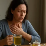 Žena pije grécky čaj na úľavu refluxu a tráviacich ťažkostí.