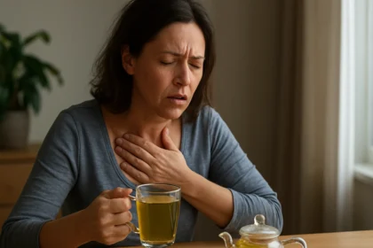 Žena pije grécky čaj na úľavu refluxu a tráviacich ťažkostí.