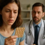 Žena uvažujúca účinky antikoncepcie Lindynette s lekárom v pozadí.