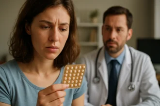 Žena uvažujúca účinky antikoncepcie Lindynette s lekárom v pozadí.