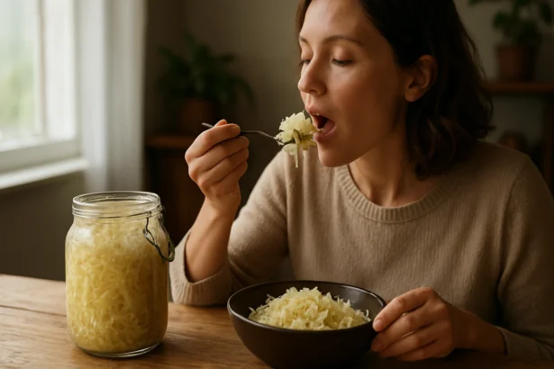 Žena vychutnáva kyslú kapustu z misy s pohárom na stole.
