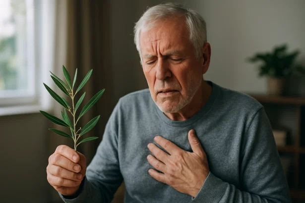 Starší muž držiaci olivový list s pocitom nepohodlia