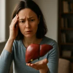 Žena s maketou pečene, zamyslená nad zdravím svojej pečene.