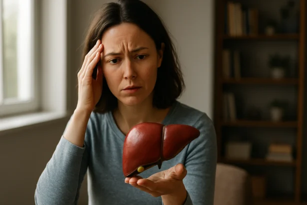 Žena s maketou pečene, zamyslená nad zdravím svojej pečene.