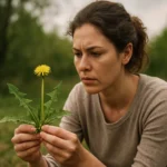 Mladá žena zblízka skúma púpavu v prírode