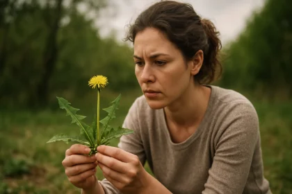 Mladá žena zblízka skúma púpavu v prírode