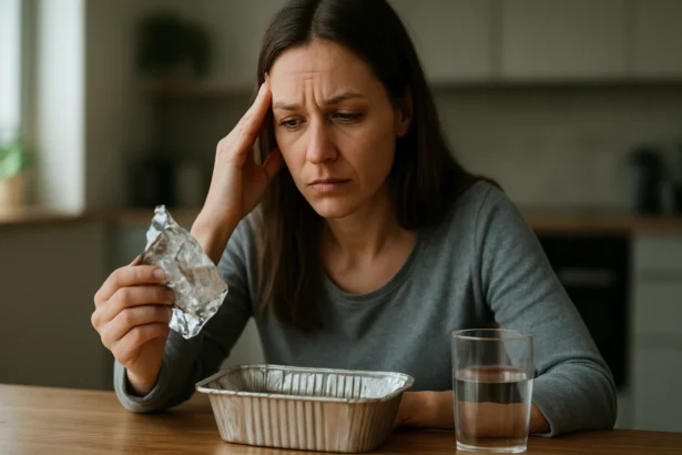 Žena s hliníkovou fóliou a znepokojeným výrazom.