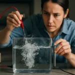 Žena skúma zmeny vody pri pôsobení elektrického prúdu.