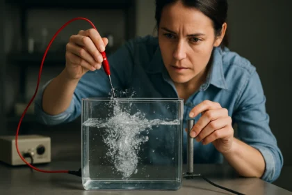 Žena skúma zmeny vody pri pôsobení elektrického prúdu.