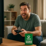 Muž s ovládačom na Xbox hrajúci videohru s kartou Xbox Live Gold.
