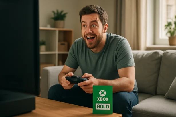 Muž s ovládačom na Xbox hrajúci videohru s kartou Xbox Live Gold.