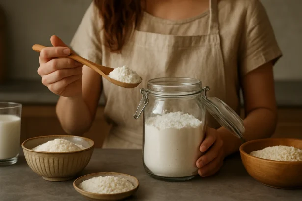 Žena s ryžovou múkou v kuchyni, pripravená na pečenie