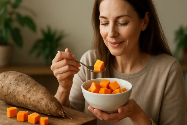 Žena si vychutnáva kocky mexického yam koreňa z limonádou.
