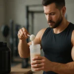 Muž mieša srvátkový proteín v športovej fľaši v posilňovni