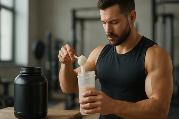 Muž mieša srvátkový proteín v športovej fľaši v posilňovni