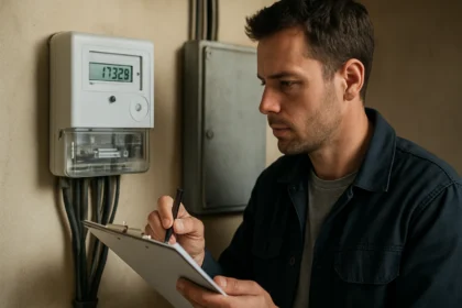 Muž merajúci spotrebu elektriny pomocou elektromera.