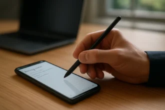 Ruka používajúca S Pen na písanie na smartfóne