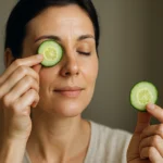 Žena s uhorkou na očiach na zlepšenie zdravia pleti a zraku.