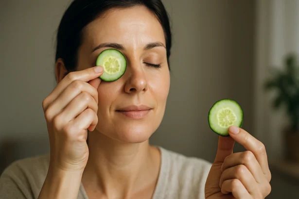 Žena s uhorkou na očiach na zlepšenie zdravia pleti a zraku.