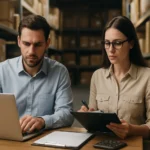 Dva zamestnanci pracujúci v daňovom sklade s notebookom a poznámkami.