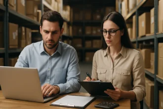 Dva zamestnanci pracujúci v daňovom sklade s notebookom a poznámkami.