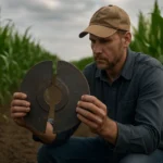 Farmár skúma rozštiepený disk na poli kukurice