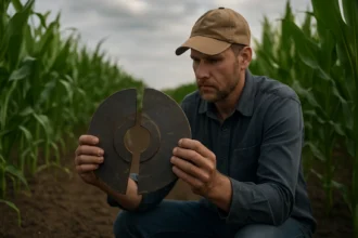 Farmár skúma rozštiepený disk na poli kukurice