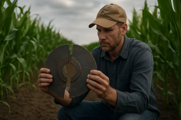 Farmár skúma rozštiepený disk na poli kukurice