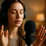 Žena s slúchadlami nahráva ASMR zvuky na mikrofón pre relaxáciu