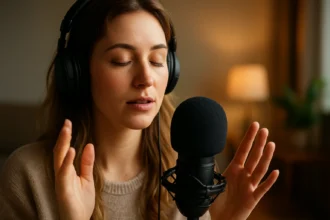 Žena s slúchadlami nahráva ASMR zvuky na mikrofón pre relaxáciu