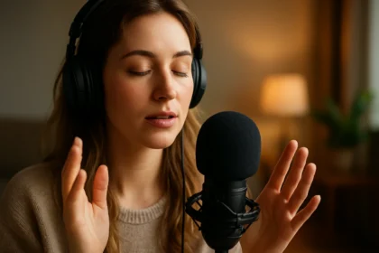 Žena s slúchadlami nahráva ASMR zvuky na mikrofón pre relaxáciu