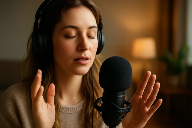 Žena s slúchadlami nahráva ASMR zvuky na mikrofón pre relaxáciu