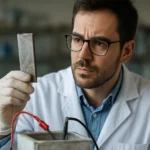 Vedec skúma anódu v laboratóriu na elektrochémiu
