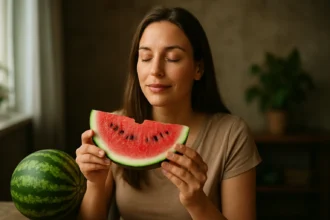 Žena si vychutnáva kúsok vodného melóna v interiéri.