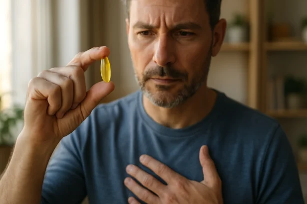 Muž drží kapsulu D-vitamínu, premýšľa o jeho zdravotných výhodách.