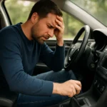 Muž s frustráciou za volantom, snažiaci sa zaradiť prevodovku.