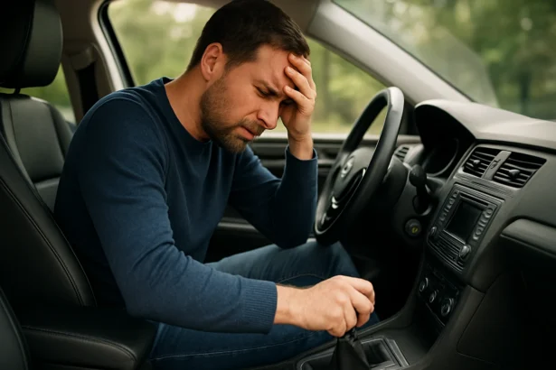 Muž s frustráciou za volantom, snažiaci sa zaradiť prevodovku.