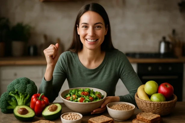 Žena sa usmieva pri zdravej rastlinnej strave.