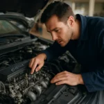 Mechanik kontroluje motor DOHC v automobile