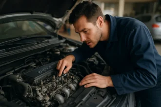 Mechanik kontroluje motor DOHC v automobile