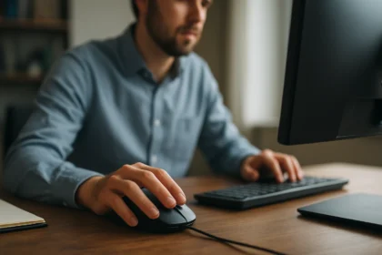 Muž používajúci mechanickú myš pri práci na počítači.