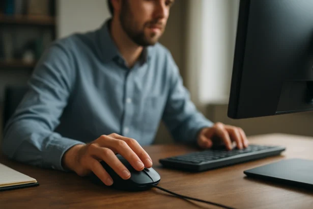 Muž používajúci mechanickú myš pri práci na počítači.